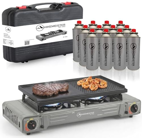 Hikemeister® Fornello a gas da campeggio a 2 fuochi, con piastra e 12 cartucce di gas, fornello portatile da campeggio a 2 fiamme, 2 fornelli a gas da 2200 W, set per esterni, con valigetta, grigio
