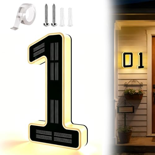 Solar Lighted House Numbers for Outside, Large 9 Inch Waterproof LED Address Numbers Signs, Modern Solar Powered Illuminated House Number Plaque for Exterior Night Visibility (1)