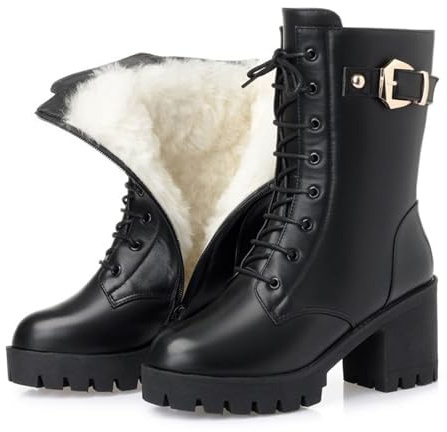 Botas De Invierno Forradas para Mujer Botas Negras con Cordones Botas De Tacón Grueso Antideslizantes Botas Altas Botas De Invierno Cálidas con Forro para Exteriores Botas Cómodas Sin (Black 38)