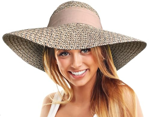 TOSKATOK Ladies Wide Brimmed Floppy Straw HAT (Beige)