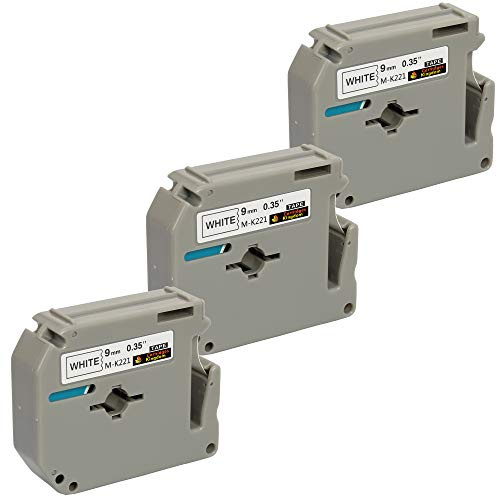 3 x M K221 9mm x 8m Schriftbandkassetten schwarz auf weiß beschriftungsband kompatibel zu Brother P-Touch PT-55 PT55 PT-65 PT65 PT-70 PT70 PT-80 PT80 PT-85 Pt85 PT-90 Pt90 PT-100 PT100 PT-110 PT110