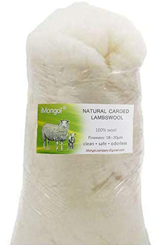 IMongol - Kardad lammull för filtning, leksaksfyllning, nålfiltning, ullfyllning för stickade leksaker, superren, naturlig vit, finhet 19 um (4 uns)