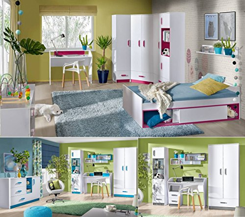 QMM TraumMoebel Jugendzimmer Kinderzimmer komplett Thiago Set C Eckschrank 2 Standregale Schreibtisch Wandregal Bett 200x90 NEU