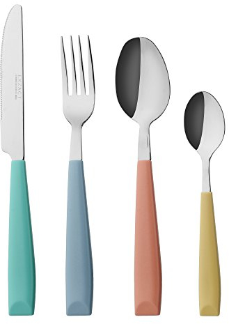 EXZACT Besteck Set 24 Stück - Edelstahl mit lebendig gefärbten Kunststoff-Handgriffen - Bequem zu halten - 6 x Gabeln, 6 x Messer, 6 x Dinner Esslöffel, 6 x Teelöffel (Mischfarbe Farbe x 24)