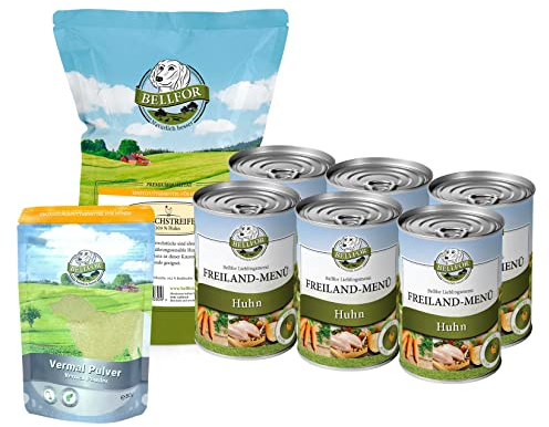 Bellfor Giardia-Abwehrset für Hunde: 6 Dosen Getreidefreies Nassfutter, 80g Natürliches Vermal-Pulver & 100g Kohlenhydratarmes Hühnertrockenfleisch