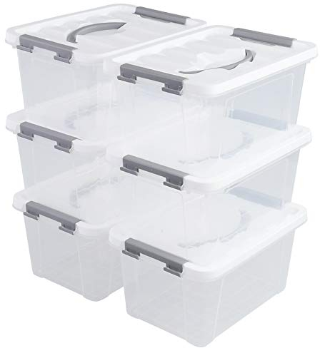 Hespama 5L Storage Boxes, Plastic Latching Box with Gray Handle, Pack of 6