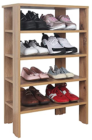 RICOO Schuhregal schmal und hoch 88x60x32cm Standregal Pressholz Eiche Braun WM040-EW, Schuhständer mit 4 Ebenen, Schuhschrank offen, Schuhablagen Flur Shoe Rack, Schuhablage klein, Schuhregale