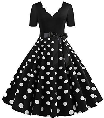 EFOFEI Damen Abend Prom Kostüm 50er Cap Ärmel Swing Kleider Dot Einfarbig Rockabilly Kleid Schwarz S