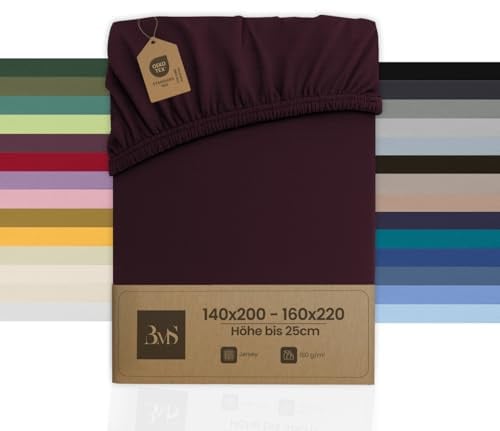 Bettwaesche-mit-Stil Spannbettlaken Jersey Spannlaken Spannbetttuch (140x200-160x220 cm, Matratzenhöhe bis 25cm, Brombeer) Gewicht: 180g/m², 90% Baumwolle 10% Elasthan