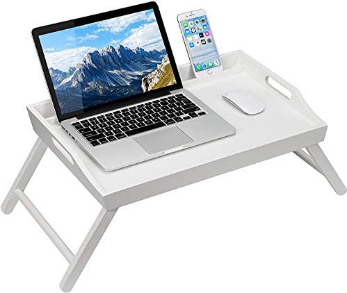 Unibos Bamboo Bed Tray Table with Foldable Legs and Tablet Phone Slot, Breakfast Tray for Sofa, Bed, Eating, Working, Used As Laptop Desk Snack Tray (White)