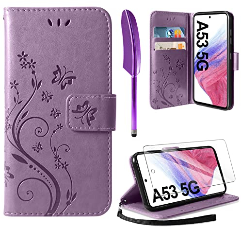 AROYI Lederhülle Kompatibel mit Samsung Galaxy A53 5G Hülle und Schutzfolie, Flip Wallet Handyhülle PU Leder Tasche Case Kartensteckplätzen Schutzhülle Lila