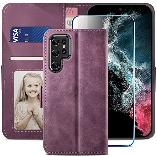 YATWIN Compatible with Samsung Galaxy S22 Ultra Case, Flip Wallet Leather Case with Screen Protector and Card Slot Kickstand Phone Cases Cover for Samsung S22 Ultra - Wine Red