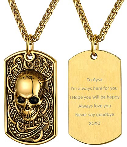 GoldChic Individuelle Totenkopf Skull Anhänger Dog Tag Halskette mit Motiven-Gravur für Herren Männer Hip Hop Punk Edelstahl Armee Halskette mit Totenkopf Schädel Anhänger in Gold mit 55cm+5cm Kette