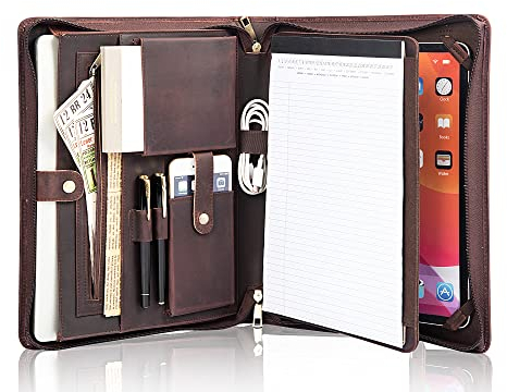 FREI NAME GRAVUR, Customized Schreibmappe A4 Konferenzmappe, Ledermappe mit Reißverschluss/A4 Klemmbrett Notizblock, Organizer Ordner Folder, Geschenk für Männer, Dunkelbraun, Customized