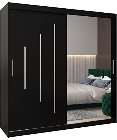 MEBLE KRYSPOL Kleiderschrank mit Spiegel York 2 - Garderobenschrank - Schrank Schlafzimmer - Mehrzweckschrank Zwei Schiebetüren - Regalen - Flur Möbel - Kleiderstange Schrank - Allzweckschrank