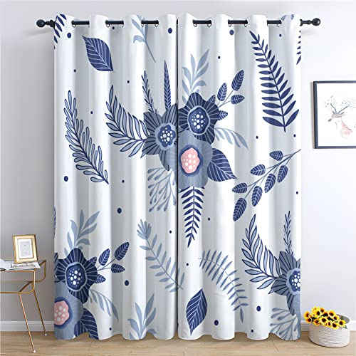 WQIZXCW Floral Blackout Curtains for Bedroom Living Room, Flower Leaf Print Thermal Eyelet Curtains, 90 Drop Patterned Window Treatments, 46x90 Inch (W X L), 2 Panels - White & Blue