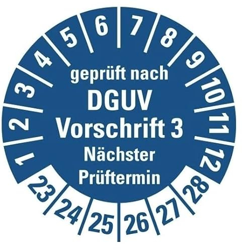 100 Stück – Mehrjahresprüfplakette „geprüft DGUV Vorschrift 3 Nächster Prüftermin 23-28“ Etikett Folie Aufkleber, blau | Ø15-40mm Made in Germany, Größe: Ø20 mm