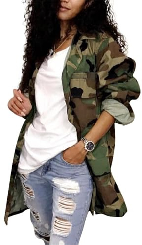 Ptorlio Womens Camo Jacket Long Sleeeve Camouflage Army Jackets Military Trench Coat PLus Size