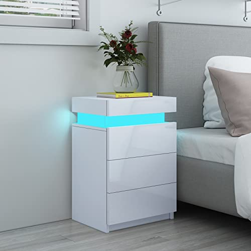 Led Bedside Table White Gloss Bedroom Unit Sofa Table with 3 Drawers 16 Colors RGB LED Nightstand Cabinet 45 x 35 x 67cm