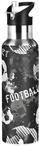KAAVIYO Ballon De Foot Sport Noir Bouteille d'eau Isotherme avec Paille en Acier Inoxydable Gourde 600ML Water Bottle pour Sport Randonnée