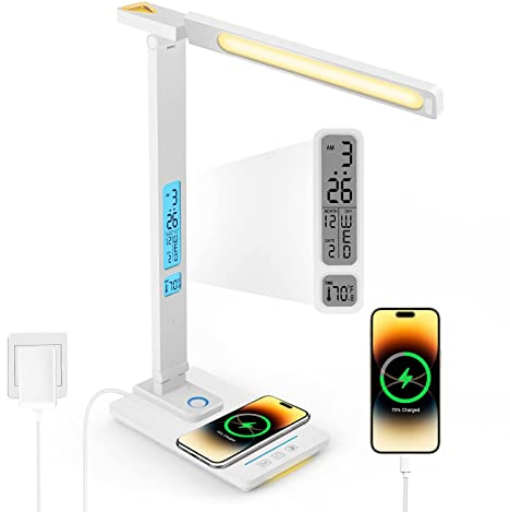 LáMpara De Escritorio Led Regulable Con Reloj - Usb Recargable De Forma InaláMbrica, LáMpara Mesa TáCtil Regulable Con 3 Colores Y 5 Niveles Brillo, Hora, Temperatura, Lectura FuncióN Memoria (Blanco)