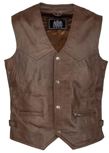 URBAN 5884 Herren Billie Weste Aus Echtem Leder Im Biker-Stil, Motorrad-Lederweste Bequemes Und Motorradweste Mit Knopfverschluss, Braun, 3XL EU
