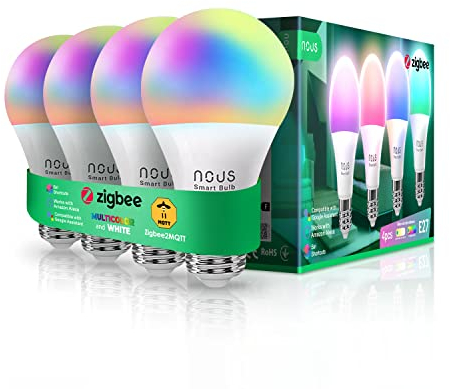 NOUS P3Z ZigBee Smart Glühbirne E27 LED, RGB, Kompatibel mit Alexa, Home Assistant, Google Home, SmartThings, Fernbedienung, Dekorative Glühbirne Zubehör, 4 Pack