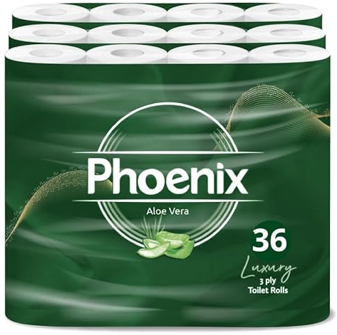Phoenix Soft Aloe Vera Fragranced Luxury Toilet Rolls Bulk Buy - Quilted White 3 Ply Toilet Paper (36 Pack)