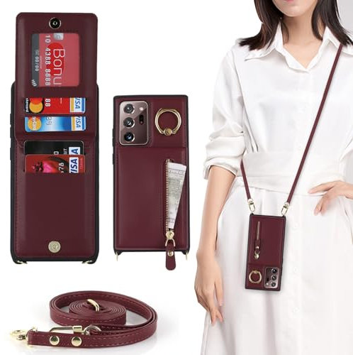 Zouzt for Samsung Galaxy Note 20 Ultra Case with Cord and Card Holde, Zipper Wallet Case with Crossbody Lanyard Ring Adjustable Necklace Cover Women for Samsung Galaxy Note 20 Ultra - Burgundy