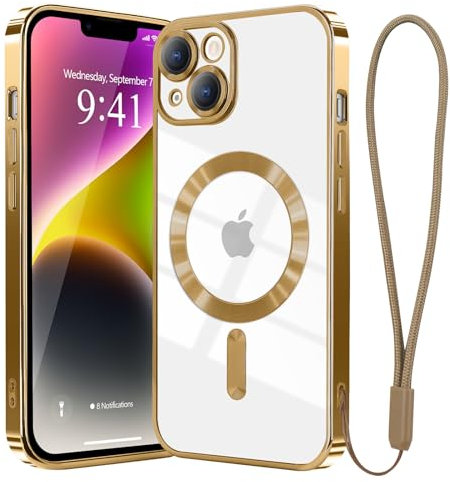 Ethanger for iPhone 14 Case Compatible with MagSafe Luxury Plating Bling Shockproof Bumper with Camera Lens Protector Magnetic Women Girly Phone Case for iPhone 14, Gold