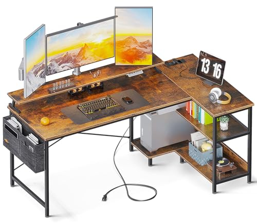 ODK Scrivania Gaming a L, 147x80cm Scrivania ad Angolo con Ripiani Portaoggetti, Scrivania Angolare Reversibile con Prese di Corrente e USB, Tavolo a L per Casa Ufficio, Marrone