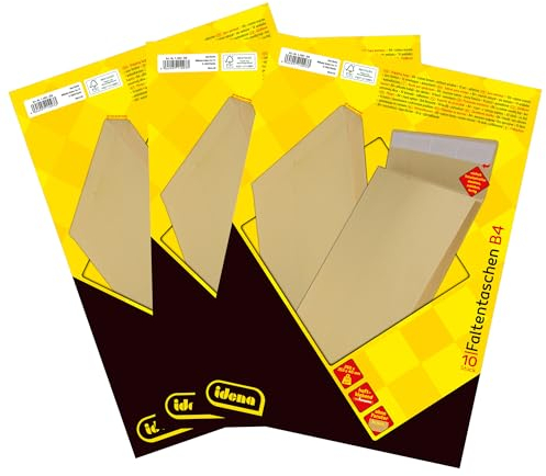 Idena 11093-3 - Versandtaschen DIN B4, 30 Stück haftklebend, Faltentaschen mit 4 cm Bodenfalte, Briefumschläge ohne Fenster, aus 140 g/m² FSC-Recycled Papier in Braun