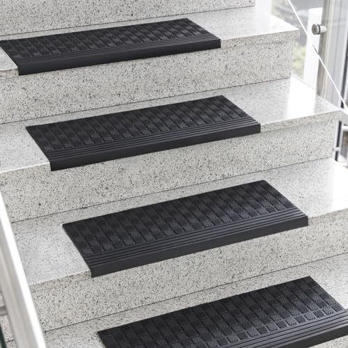 KARAT Stufenmatte aus Gummi - 5er Set - 25 x 65 cm - wetterfeste & Rutschhemmende Treppenstufen Matten - Gummistufenmatte für Außen - Treppenauflage - Antirutschmatte Diamond