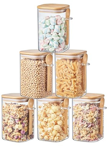 ORNAMI Airtight Glass Pantry Storage Canister Jar with Bamboo Lid & Spoon | BPA-Free, Clear Kitchen Organisation Jar - Set of 6 (1.2L, Square)