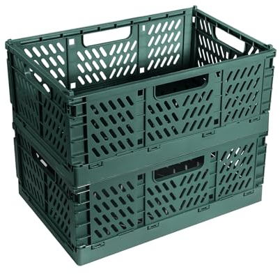 2 Stücke Klappkiste, Kunststoff Stabile Klappboxen, Faltbare Aufbewahrungskorb, Stapelbar Klappkisten Set für Lagerung Küche, Schlafzimmer, Arbeitszimmer, Büro, Garten (Dunkelgrün,30.5*20cm*12cm)