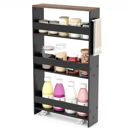 COSTWAY Slim Storage Trolley, 4 Tier Slide Out Rolling Cart on Wheels with Handle, Anti-falling Guardrail, Space-saving Utility Shelving Unit Organizer for Kitchen Office (Black+Brown, 47x13x80cm)
