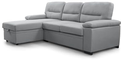 IBERA HOME Sofá Cama Chaise Longue Emma Gris Terciopelo - 238x153cm - Convertible con Arcón