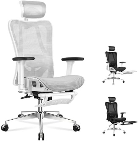 ALFORDSON Ergonomischer Netz-Bürostuhl mit 3D-Armlehne, Chefsessel mit Verstellbarer Kopfstütze und Fußstütze, neigbarer Schreibtischstuhl mit adaptiver Lendenwirbelstütze, Gary & Weiß