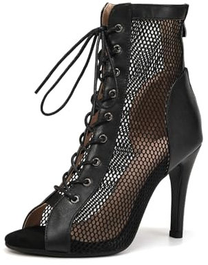 SWDZM Stivali da Ballo Latino Americano Donna con Punta Aperta Maglia Salsa Tango Bachata,Nero,Tacco 9.5cm,Suola in Gomma,38EU