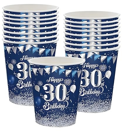 16-Pack Blue & Silver 235ml Paper Cups - 30th Birthday Party Tableware for Girls & Kids