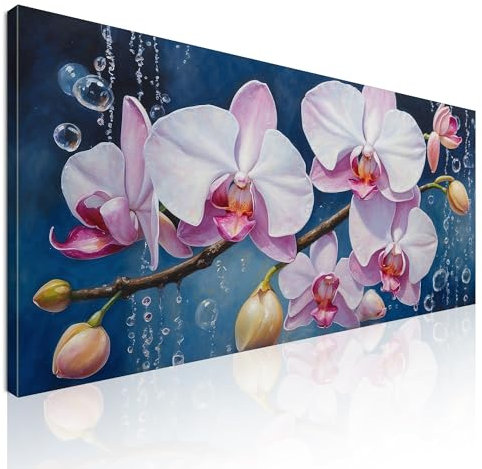 CheQuadro! Abstraktes Bild, bunt, Langformat, groß, XL, weiße und rosa Orchideen mit Blasen auf blauem Hintergrund, auf Leinwand, gerahmt, fertig zum Aufhängen, bow23-150 x 70 cm