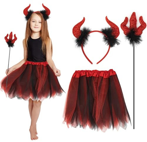 ALLY-MAGIC Children's Devil Costume 3PCS Kids Red Devil Costume Set Include Devil Horns Headband, Devil Fork and Tutu Skirt Halloween Outfit for Halloween Christmas Party Fancy Dress Cosplay Y7ETEMTZ