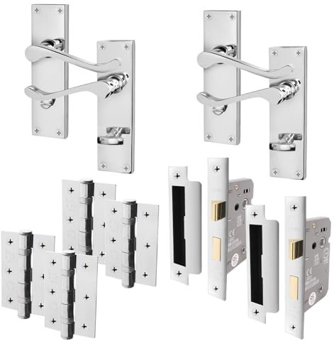 EAI Polished Chrome Victorian Scroll Bathroom Door Handle Set | 2 Pairs of Internal Lever Handles on Backplate with Hinges (76mm) & Locks (64mm)