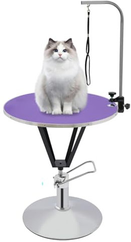 DAOHHFO Schertisch für Hund & Katze, 70CM Haustierpflegetisch 360 ° Einstellbares Hundepflegetisch Haustier Hund Trimmtisch 100KG Hydraulisch Anhebbarer Trimmtisch Mit Arm & Schlinge (Violett)