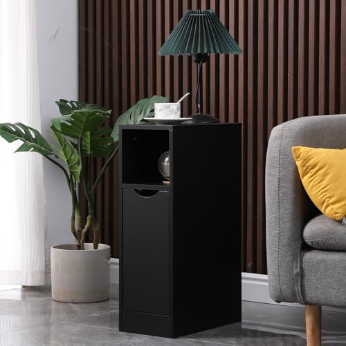 Pantanal Slim Bedside Table Bedroom Nightstand, Narrow EndTable Sofa Side Table with Drawer Open Shelf for Living Room, Space Saving Lamp Desk for Home Office (Black with Door)