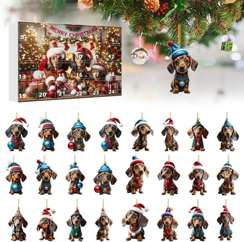 Skyrabbiter 2024 Adventskalender, Weihnachtskalender mit 24 Türchen, Figuren als Überraschungen,24 dekorativen Acry mit Weihnachtsmützen, Countdown Kalender für Wursthund Enthusiast, Acrylic-Optik (B)
