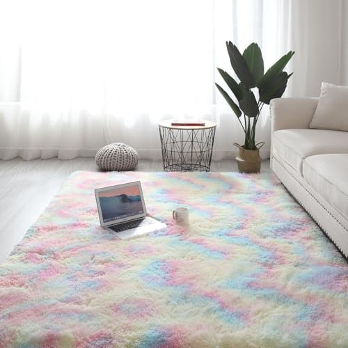 YUANWAN Shaggy Teppich Moderner Teppich 120 x 240 cm Waschbar Und rutschfest Hochflor Waschbarer Teppich Shaggy Teppiche Wohnzimmer für Schlafzimmer, Wohnzimmer, Regenbogen