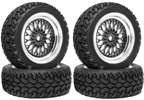 KINGCOO RC Auto Reifen und Räder Set, 4Stück 75mm Gummireifen und Kunststoffbeschichtung Räder Felgen 12mm Hex für 1/10 RC On-Road Touring Racing Auto 1/16 RC Rallye-Auto (Schwarz Silber, Offset:6mm)