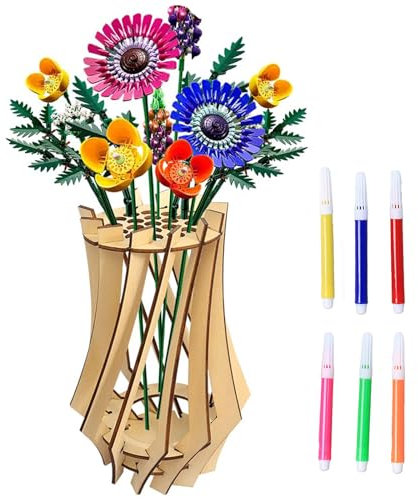 Bogoro Vaso per Bouquet di Fiori Lego, Con 6 Penne ，Set di Vasi di Fiori in Legno,Puzzle Fai da te in Legno,Per Bouquet,Vaso per Fiori Lego,per Rose Lego,Girasoli,Tulipani e Orchide