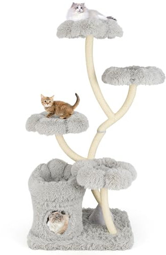 COSTWAY Cat Tree, 162cm Multi-Level Cats Climbing Tower with Condo, Sisal Scratching Posts, Flower-shaped Platform, Modern Cat Activity Center for Indoor Kittens (Grey)